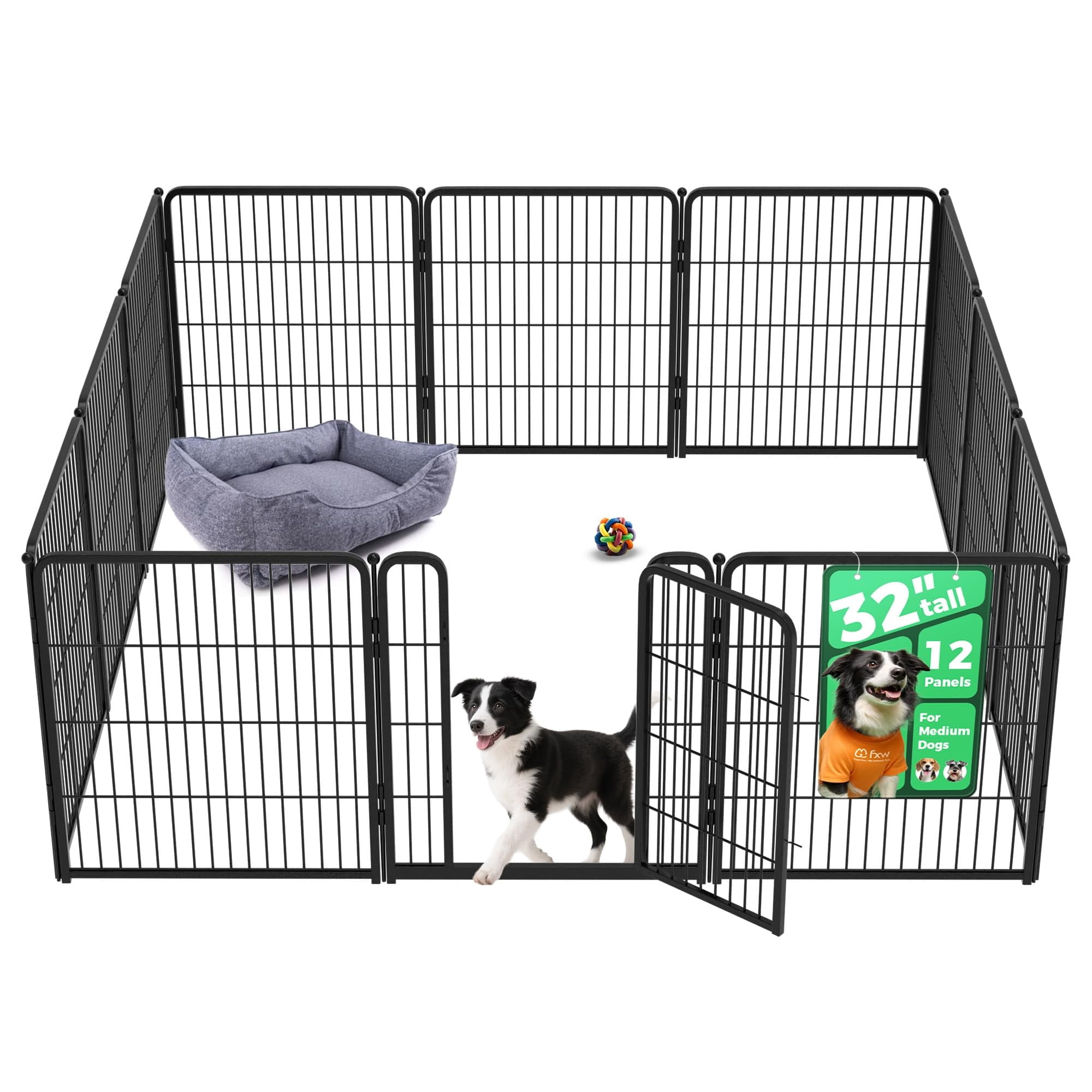 FXW Homeplus Unleashed Indoor Dog Playpen - Stress-Free and Safe Play, Heavy Duty 32 Inch 12 Panels Dog Pen for Small and Medium Dogs, Black│Patented