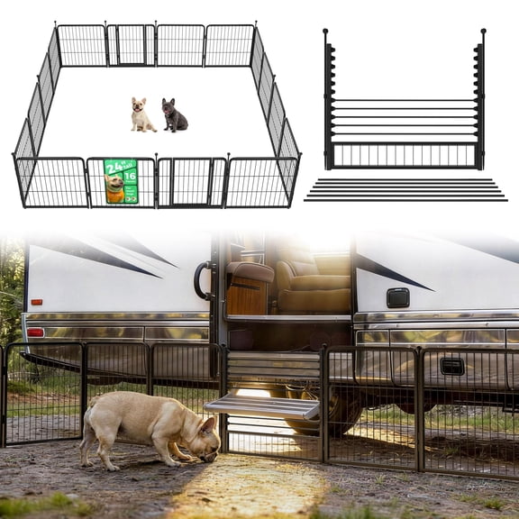 FXW Instant Unleashed Dog Playpen, Portable Pet Fence for Outdoor, RV Trips, and Camping, 24 inch, 16 Panels for Puppy and Small Dogs with RV Step Grid(Fits Stairs Up to 26" Wide)│Patented