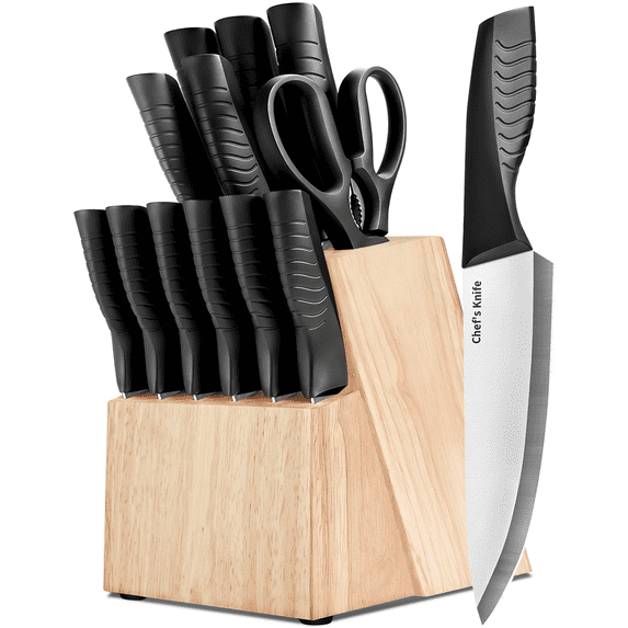 FXXNNN Knife Set, 13PC German Stainless Steel Kitchen Knives with Ergonomic Handles, Knife Block with Sharpener, Great Holiday Gift, Black