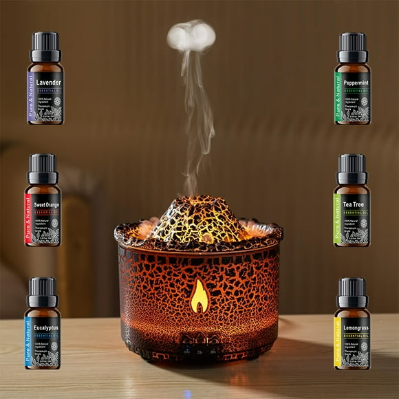 FXY01 Volcano Humidifier with Ultrasonic Mist and Negative Ions - Remote Control Aroma Diffuser with 12.17oz Capacity 2 Mode Timer & Nightlight - Flame Effect for Home Office up to 30㎡