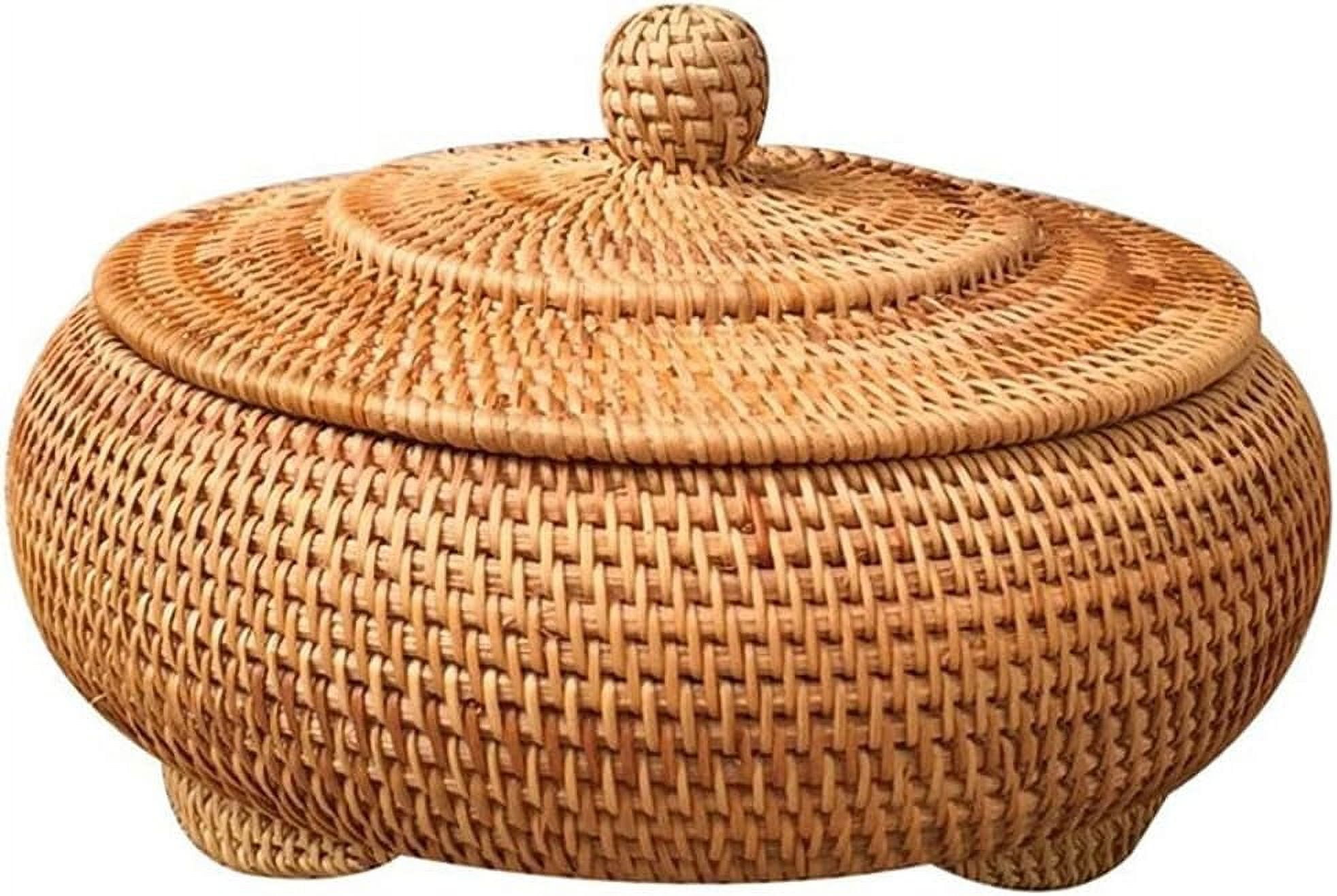 Round Hand-Woven Rattan Basket with Lid for Food Storage