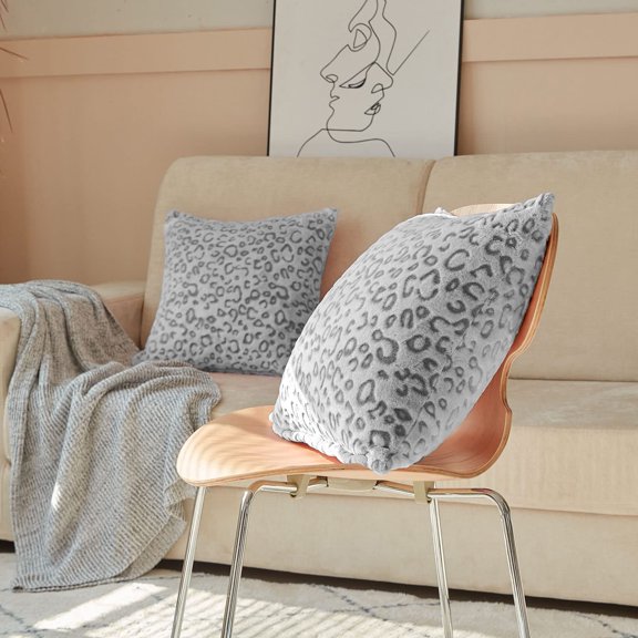 FY FIBER HOUSE Leopard Print Pillow Cover Flannel Fleece Throw Pillow Cases Covers for Couch Bed Sofa Set of 2, 16 x 16 Inch, Grey