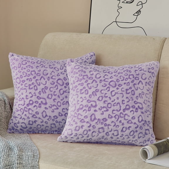 FY FIBER HOUSE Leopard Print Pillow Cover Flannel Fleece Throw Pillow Cases Covers for Couch Bed Sofa Set of 2, 16 x 16 Inch, Purple
