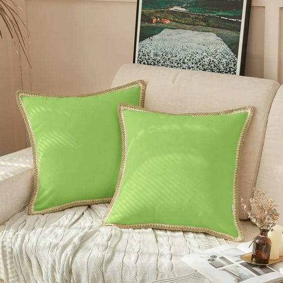 FY FIBER HOUSE Pack of 2 Farmhouse Decorative Throw Pillow Covers, Faux Burlap Linen Trimmed Tailored Edges Cushion Cover Pillowcases for Couch, Sofa, Bedroom, Lime Green 20 x 20 inches