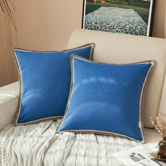 FY FIBER HOUSE Pack of 2 Farmhouse Decorative Throw Pillow Covers, Faux Burlap Linen Trimmed Tailored Edges Cushion Cover Pillowcases for Couch, Sofa, Decor, Bedroom, Victoria Blue 18 x 18