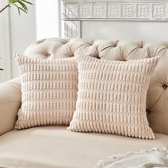 FY FIBER HOUSE Pack of 2 Striped Corduroy Throw Pillow Cover Decorative Couch Pillow Covers for Bed Sofa Living Room 16"×16" Cream