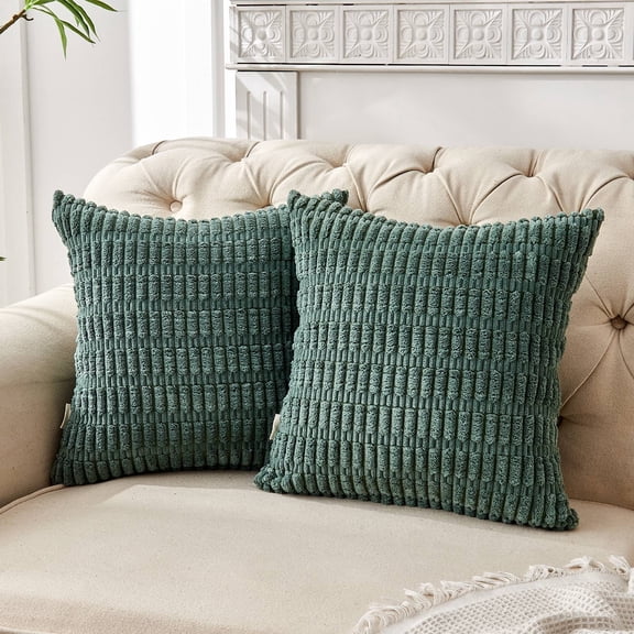 FY FIBER HOUSE Pack of 2 Striped Corduroy Throw Pillow Cover Decorative Couch Pillow Covers for Bed Sofa Living Room 16"×16" Green