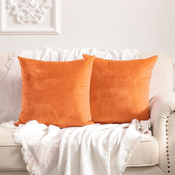 FY FIBER HOUSE Pack of 2 Velvet Throw Pillow Covers Decorative Square Pillowcase Soft Solid Cushion Case for Sofa/Couch Use, 18 x 18 Inch Orange