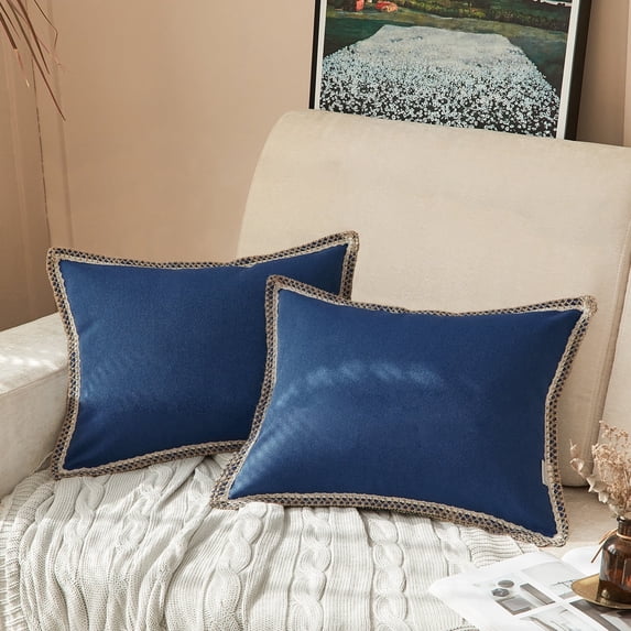 FY FIBER HOUSE Pillow Covers 12x20, Pack of 2 Farmhouse Decor Throw Pillow Covers Navy Blue - Faux Burlap Linen Trimmed Tailored Edges, Cushion Cover for Couch, Sofa, Chair, Living Room