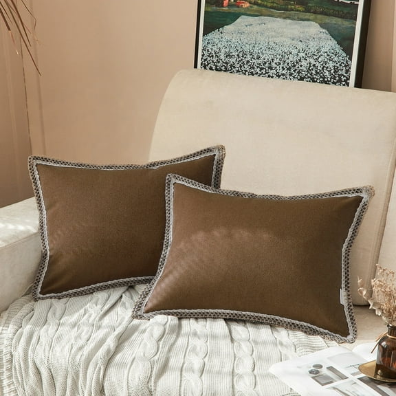 FY FIBER HOUSE Pillow Covers 12x20, Pack of 2 Farmhouse Decor Throw Pillow Covers Toffee - Faux Burlap Linen Trimmed Tailored Edges, Cushion Cover for Couch, Sofa, Chair, Living Room