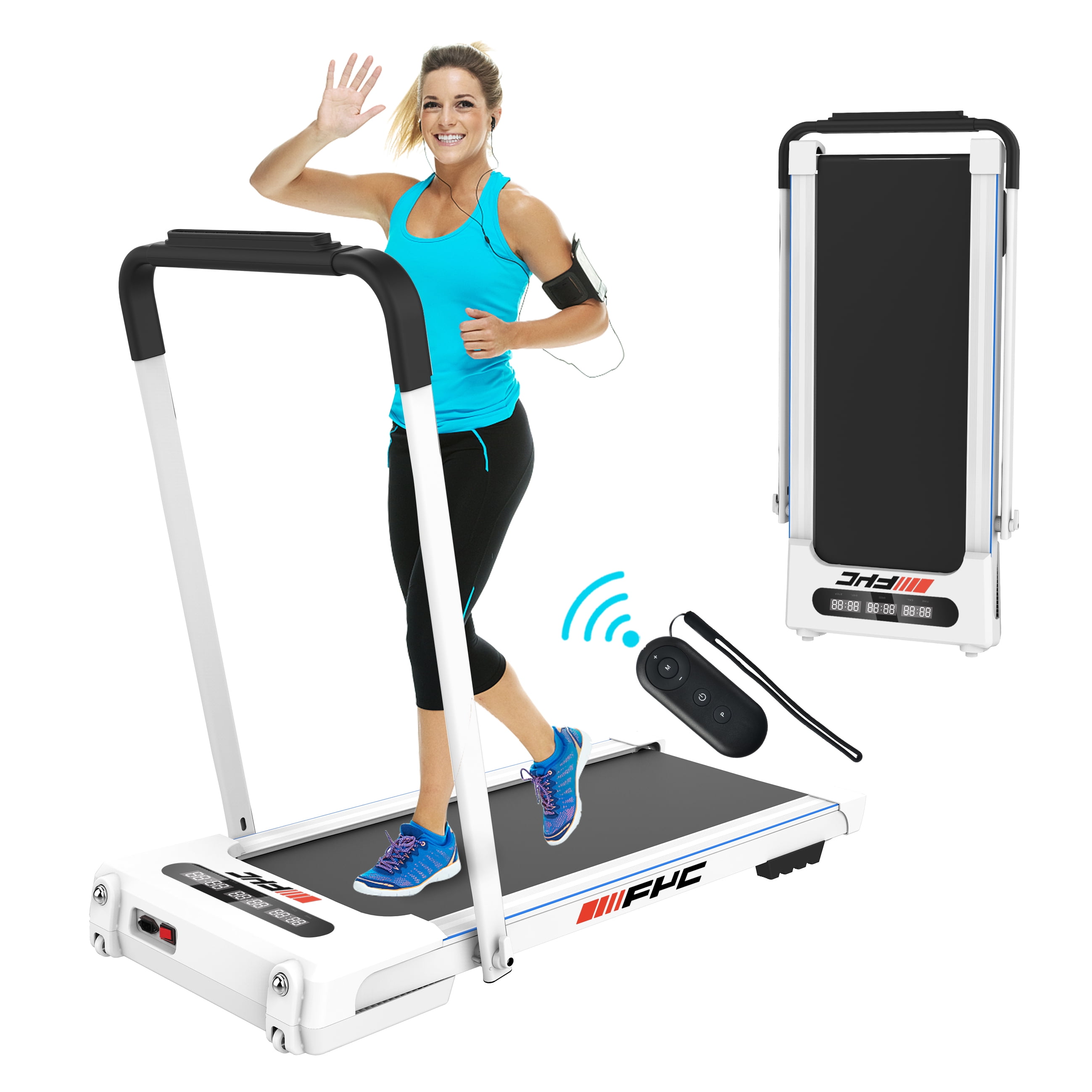 FYC 2.5HP Under Desk 2 in 1 Folding Treadmill for Home Office, Foldable Compact Electric Walking Running Machine w/ Remote Control & LED Display, Walking Running Jogging (White)