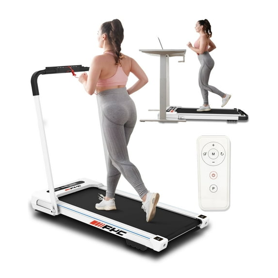 FYC 3.5HP Under Desk Treadmill - 300LBS Weight Capacity, 2-in-1 Foldable Design, Remote Control & LED Display - Compact Electric Walking and Running Machine for Walking, Running, Jogging (White)