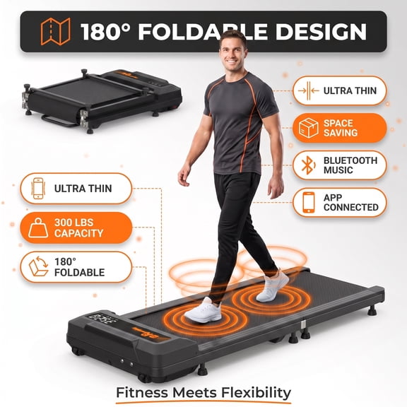 FYC Under Desk Walking Pad, 180° Foldable Treadmill for Home Office, 2.5HP Quiet Brushless Motor 0.5-4MPH Speed 300LBS Capacity, Compact Design for Small Space, App Control & Bluetooth Speaker