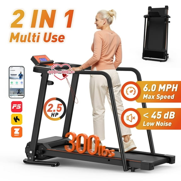 FYC Foldable Treadmill for Seniors Fitness Recovery with Side Rails, 2 in 1 Exercise Treadmill with Handrails, 300 lbs Capacity