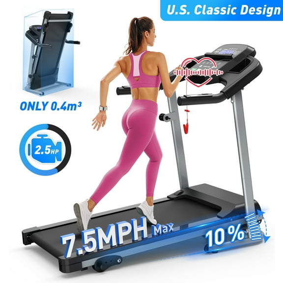 FYC Foldable Electric Treadmill for Home, 2.5HP Quiet Brushless, 7.5 MPH, Indoor Running Machine with Heart Rate Sensor and LCD Display (Grey)