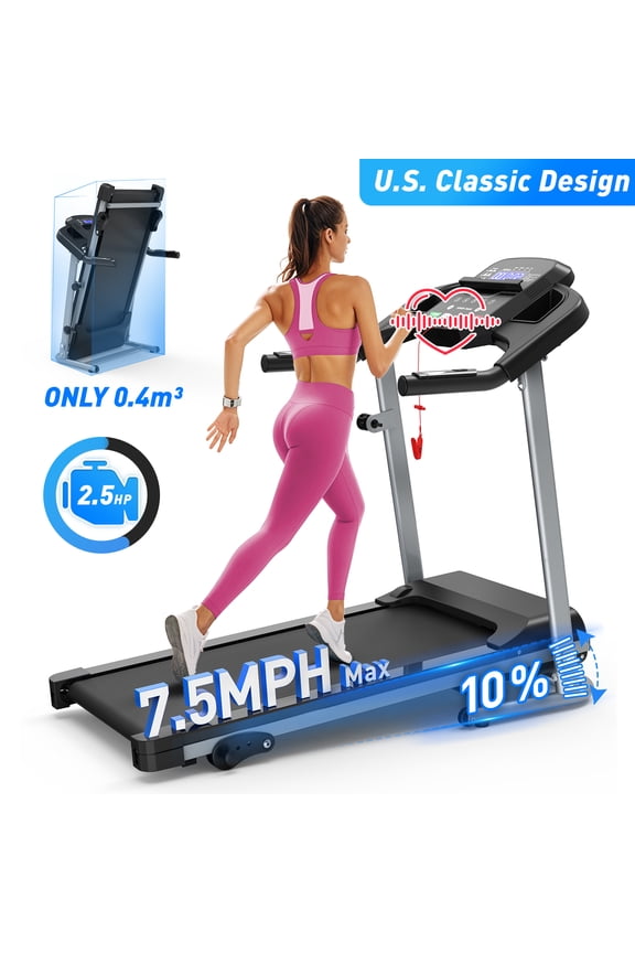 Foldable Electric Treadmill for Home, 2.5HP Quiet Brushless, 7.5 MPH, Indoor Running Machine with Heart Rate Sensor and LCD Display (Grey)
