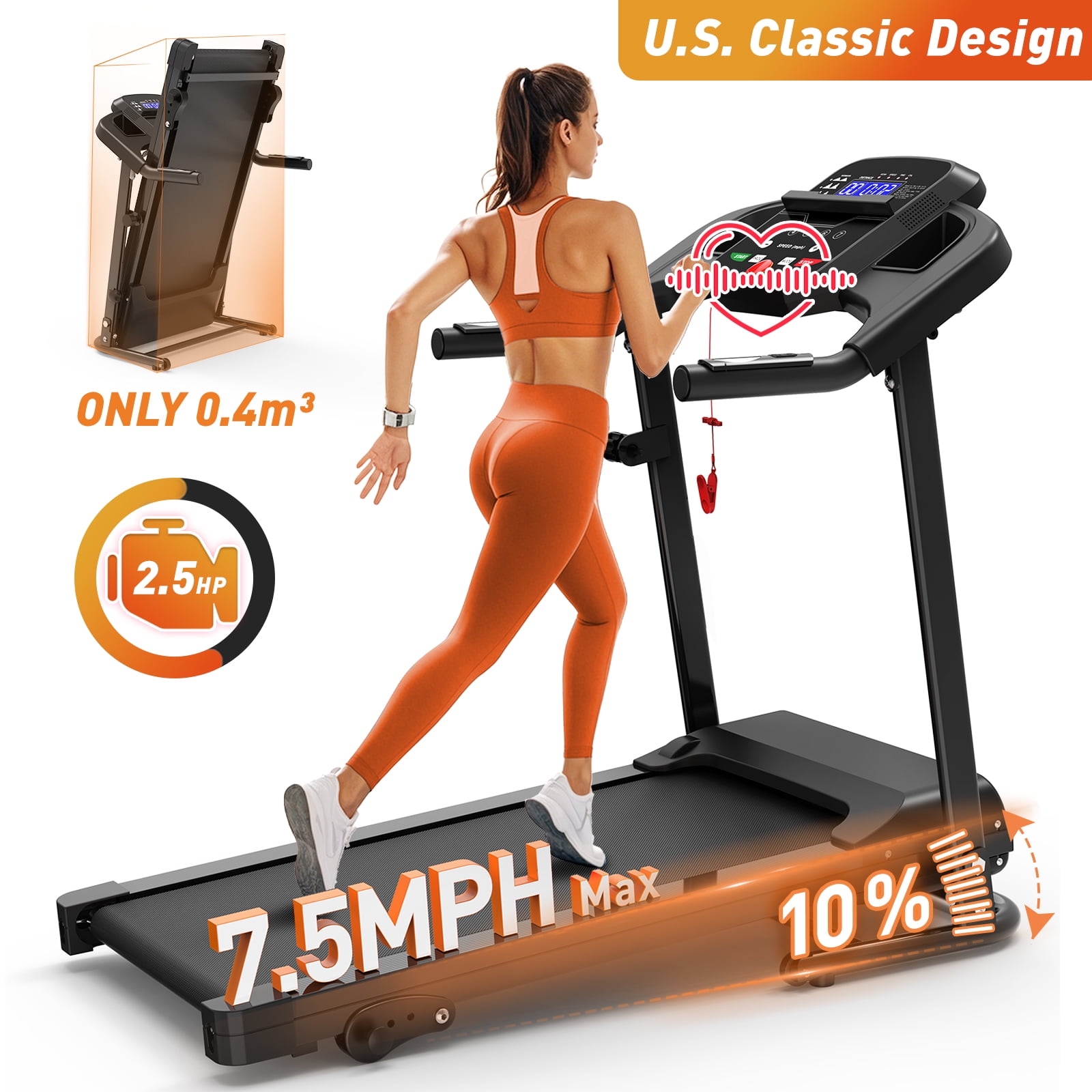 FYC Foldable Electric Treadmill for Home, 2.5HP Quiet Brushless Folding Treadmill, 7.5 MPH, LCD Display, Heart Rate Sensor (Black)