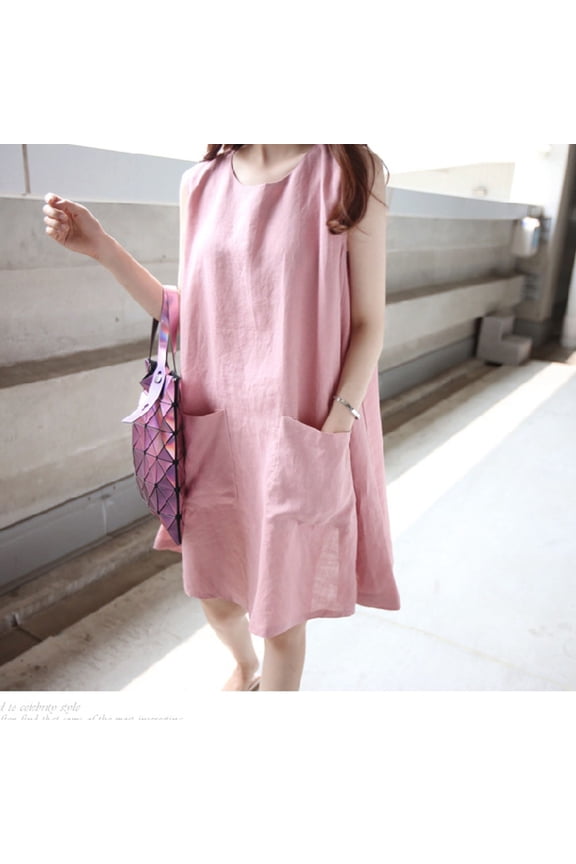 Women Cotton Linen Baggy T-Shirt Dress Tops Ladies Boho Kaftan Sleeveless Tunic Dress Casual Loose Short Mini Dress with Pocket