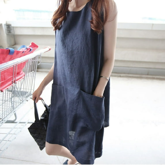 FYCONE Women Cotton Linen Baggy T-Shirt Dress Tops Ladies Boho Kaftan Sleeveless Tunic Dress Casual Loose Short Mini Dress with Pocket
