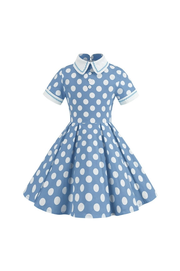 1950s Vintage Dresses for Girls Kids Polka Dot Dress 50S Retro Short Sleeve Turn Down Collar Swing Sundress Fashion Party Dress Fall Daily Dresses 9-10 Years