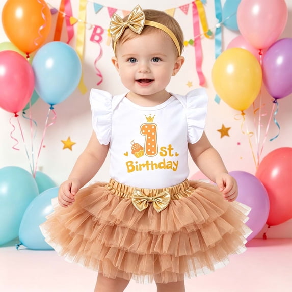 FYDUU My 1St Birthday Outfit Baby Girl Clothes Ruffle Sleeve Romper Bodysuit Tutu Skirt Set With Headband Infant First Birthday Celebration 6-9 Months