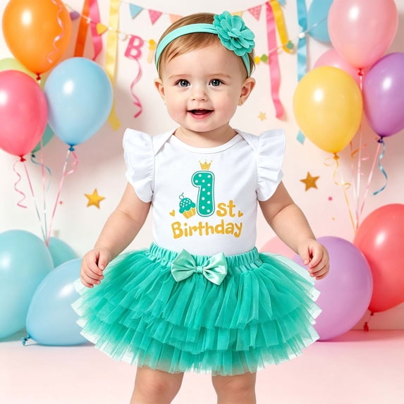 FYDUU My 1St Birthday Outfit Baby Girl Clothes Ruffle Sleeve Romper Bodysuit Tutu Skirt Set With Headband First Birthday Celebration 9-12 Months
