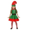 thumbnail image 1 of FYDUU 4 Pcs Girls Christmas Outfits Green Santa Claus Outfit Short Sleeve Dress Hat Sock Belt Outfit Set Children Xmas Fancy Dress Up 13-14 Years, 1 of 9