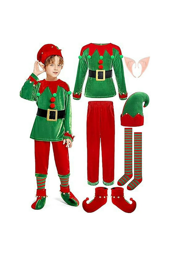 6 Pack Kids Christmas Elf Clothes Set Girls Boys Christmas Elf Velvet Santa's Helper Outfit With Elf Hat Shoes Stockings Xmas Festive Outfits 18-24 Months