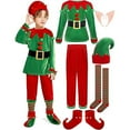thumbnail image 1 of FYDUU 6 Pack Kids Christmas Elf Clothes Set Girls Boys Christmas Elf Velvet Santa's Helper Outfit With Elf Hat Shoes Stockings Xmas Festive Outfits 3-4 Years, 1 of 7