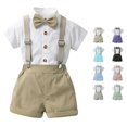 thumbnail image 1 of FYDUU Baby Boy Clothes Suit Toddler Boys Gentleman Outfits Summer Short Sleeve Dress Shirt Tops Bowtie Suspenders Shorts Set 9-12 Months, 1 of 4