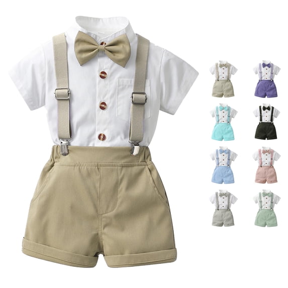 FYDUU Baby Boy Clothes Suit Toddler Boys Gentleman Outfits Summer Short Sleeve Dress Shirt Tops Bowtie Suspenders Shorts Set 9-12 Months