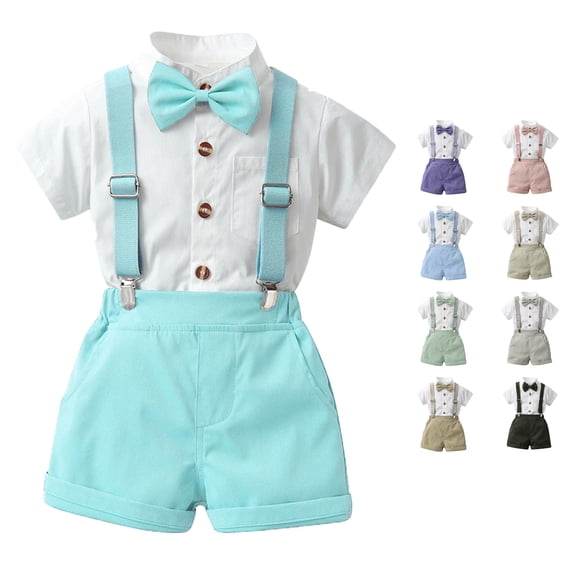 FYDUU Baby Boy Clothes Suit Toddler Boys Gentleman Outfits Summer Short Sleeve Dress Shirt Tops Bowtie Suspenders Shorts Set 9-12 Months