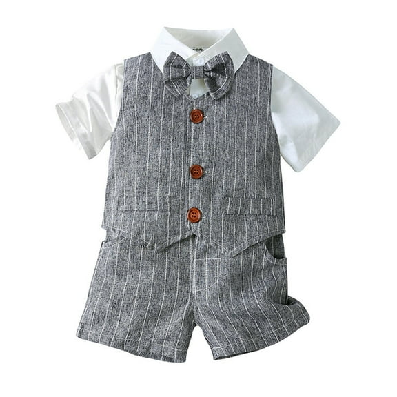 FYDUU Baby Boy Clothes Suit Toddler Boys Short Sleeve Dress Shirt Striped Vest + Bowtie + Shorts Suits Boys Gentleman Outfits Set 9-12 Months