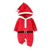 FYDUU Baby Boy Girl Christmas Outfit Newborn Santa Romper Long Sleeve Hooded Jumpsuit Onesie One Piece Outfit Cute Infant Xmas Holiday Party Outfit 12-18 Months