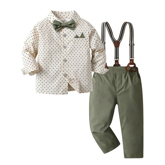 FYDUU Baby Boys Gentleman Outfits Casual Long Sleeve Button Down Dress Shirt Bow Tie Suspender Pants 3 Piece Set For Toddler Kids 2-3 Years