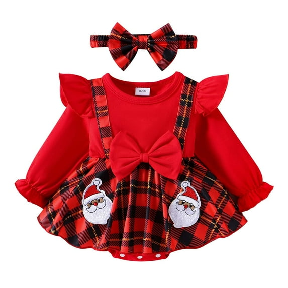 FYDUU Baby Girl Christmas Clothes Infant Girls Red Plaid Romper Dress Ruffle Long Sleeve Cartoon Printed Newborn Bodysuits Headbands Set 12-18 Months