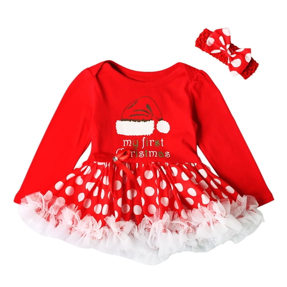FYDUU Baby Girl Christmas Outfit Cute Girls Romper Dress Long Sleeve Letter Print Princess Tutu Dress Headband 2Pcs Holiday Party Wear 0-3 Months