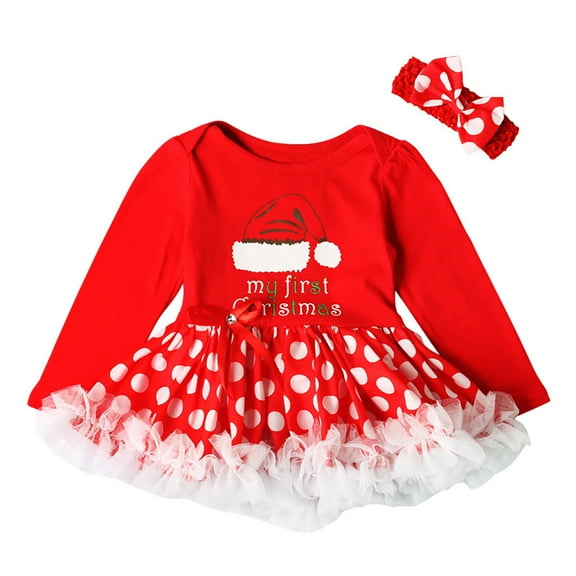 FYDUU Baby Girl Christmas Outfit Cute Girls Romper Dress Long Sleeve Letter Print Princess Tutu Dress Headband 2Pcs Holiday Party Wear 0-3 Months