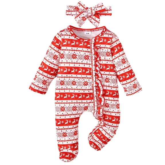 FYDUU Baby Girl Christmas Outfit Girls Romper Jumpsuit Reindeer Xmas Cute Onesie Jumpsuits Long Sleeve One Piece Outfit With Headband Set 0-3 Months