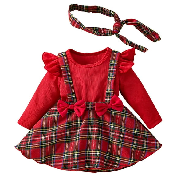 FYDUU Baby Girl Christmas Outfit Long Sleeve Romper Dress With Headband Set Cute Baby Plaid Bodysuits Holiday Photo Outfits 12-18 Months