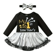 FYDUU Baby Girl Clothes Newborn Infant My First Christmas Outfits Long Sleeve Princess Tutu Romper Dress With Bow Headband 2Pcs Set Cute Infant Clothes 9-12 Months