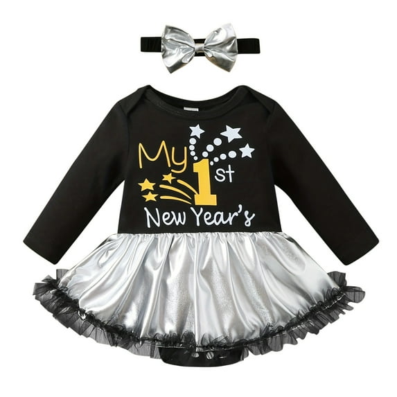 FYDUU Baby Girl Clothes My First Christmas Outfits Long Sleeve Princess Tutu Romper Dress With Bow Headband 2Pcs Set Cute Clothes 9-12 Months