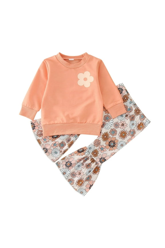 Baby Girl Fall Winter Outfits Toddler Girls Cute Flower Print Long Sleeve Pullover Tops Bell-Bottoms Flare Pants Set Fashion Baby Clothes 6-12 Months