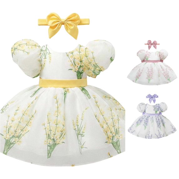 FYDUU Baby Girls Dress Puff Sleeves Floral Print Tulle Princess Dresses Toddler Birthday Party Wedding Gown Flower Girl Dress 18-24 Months