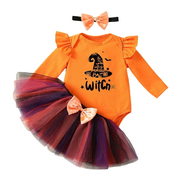 FYDUU Baby Girls Halloween Outfits 3 Piece Set Cute Pumpkin Outfit Long Sleeve Romper Tutu Skirt Headband Party Wear For Autumn Winter Clothes 1-3 Months