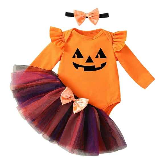 FYDUU Baby Girls Halloween Outfits 3 Piece Set Cute Pumpkin Outfit Long Sleeve Romper Tutu Skirt Headband Party Wear For Autumn Winter Clothes 6-9 Months