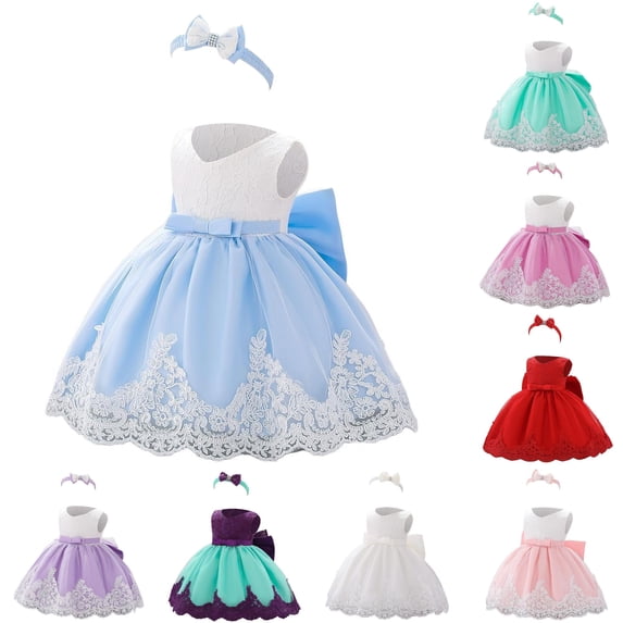 FYDUU Baby Girls Pageant Dress Lace Princess Dress Bowknot Flower Girl Dresses Wedding Party Tutu Gown First Birthday Outfit 12-18 Months