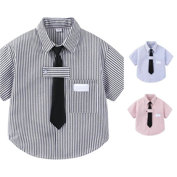 FYDUU Back To School Shirts for Boys Striped Short Sleeve Button Down Shirt Kids Formal Dress Shirts Fashion Casual School Uniform Tops 13-14 Years
