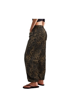 Barrel Jeans For Women Trendy Stretchy Mid Rise Barrel Jeans Leopard Print Vintage Jeans Ankle Length Denim Pants Retro Jeans Loose Trousers