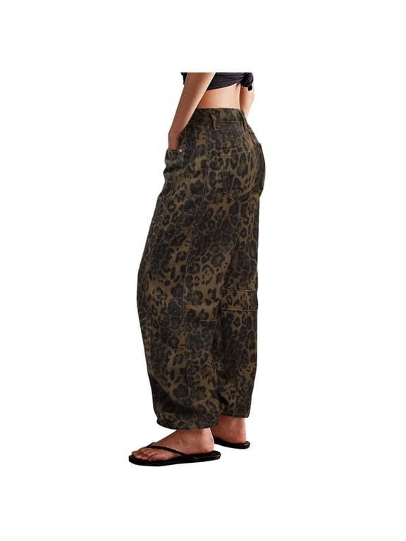 Barrel Jeans For Women Trendy Stretchy Mid Rise Barrel Jeans Leopard Print Vintage Jeans Ankle Length Denim Pants Retro Jeans Loose Trousers
